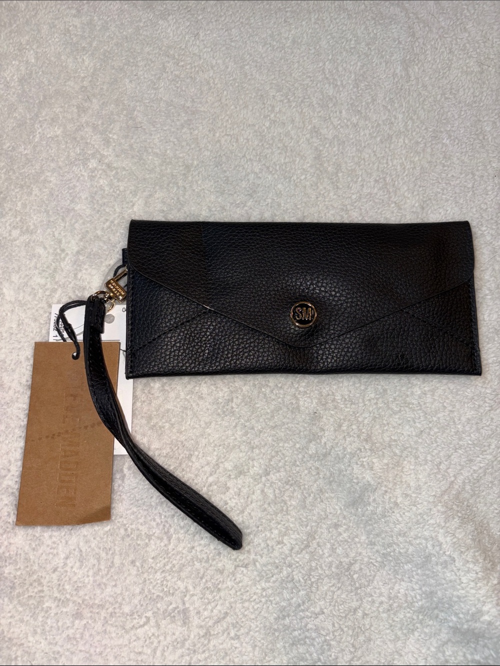Steve Madden Black Pebbled Leather Wristlet Clutch with Gold Logo